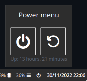 Custom module with a button on the bar, and the popup open. The popup contains a header, shutdown button and restart button.