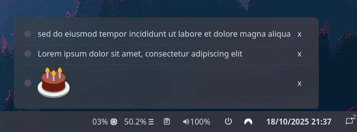 Screenshot of clipboard popup open, with two textual values and an image copied. Several other unrelated widgets are visible on the bar.