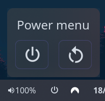 Custom module with a button on the bar, and the popup open. The popup contains a header, shutdown button and restart button.