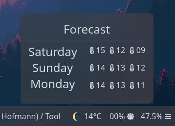 Custom module with a button on the bar, and the popup open. The popup contains a header, shutdown button and restart button.