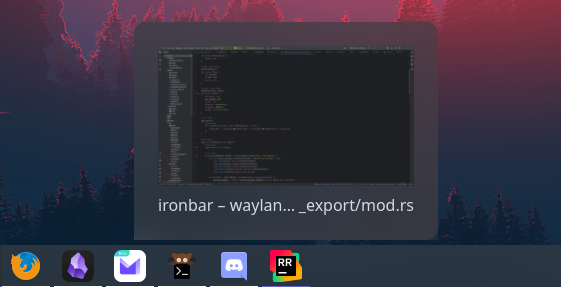 Screenshot showing several open applications, including a popup showing Ironbar open in Rustrover.