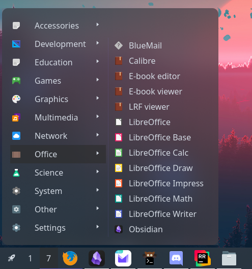 Screenshot of open menu showing applications inside Office category