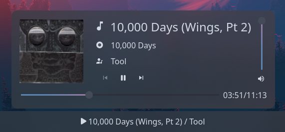 Screenshot showing MPD widget with track playing with popout open