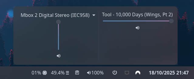 The volume widget, with its popup open. A single stream is playing audio.