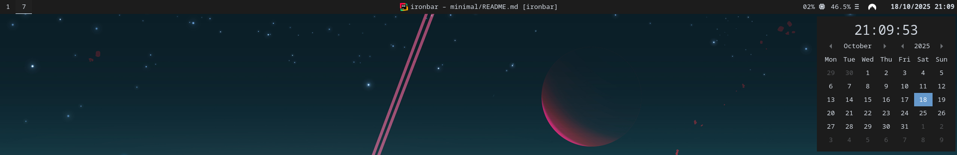 Screenshot of minimal theme with clock popup widget open